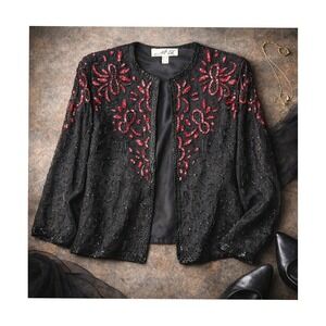 AP Ltd Vintage Silk Beaded Sequin Jacket Black Red Paisley‎ Evening Bolero Large